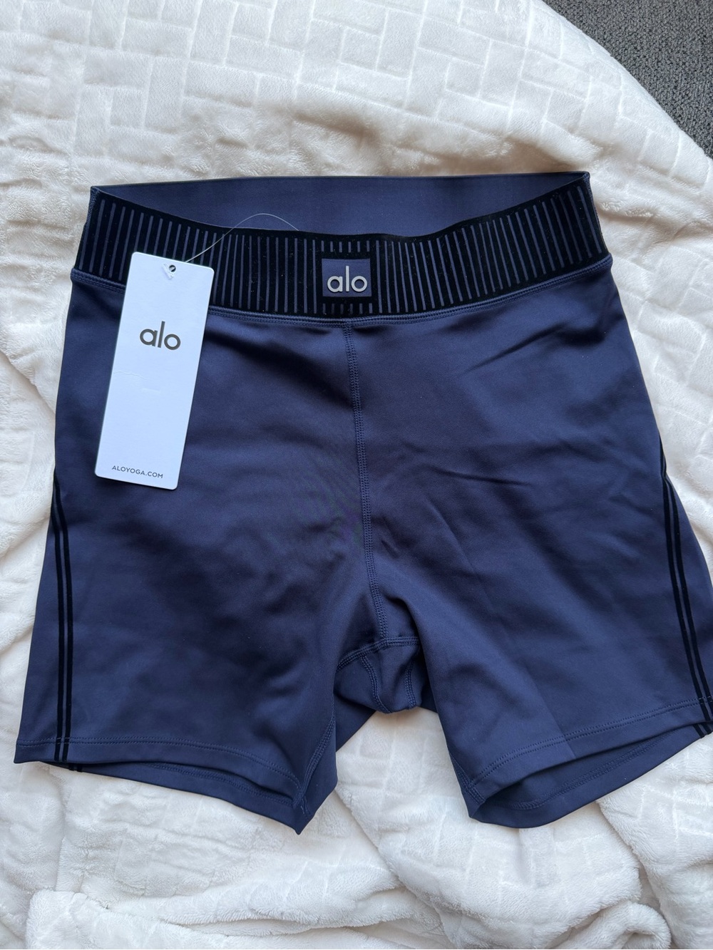ALO Yoga Navy Blue High-Waist Bike Shorts with Black Waistband